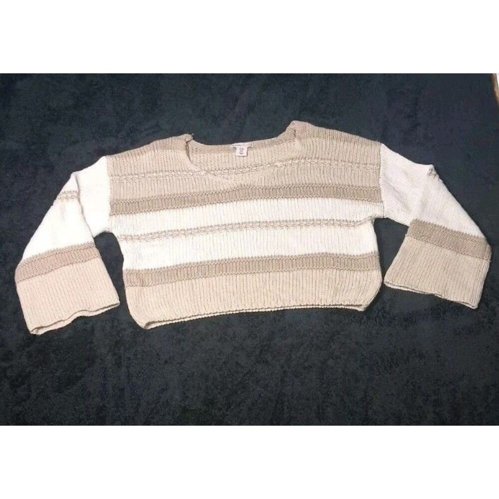 Sincerly Jules Bell Sleeve Chunky Knit Crop Sweater M Beige White Striped Boho